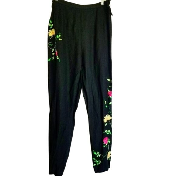 Womens Embroidered‎ Floral Pants Black Linen Rayon Blend 10 Boho Indie Festival - Picture 1 of 12
